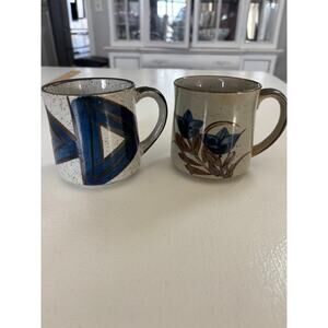 Handmade studio pottery stoneware‎ rustic mugs blue geometric speckle glaze MCM